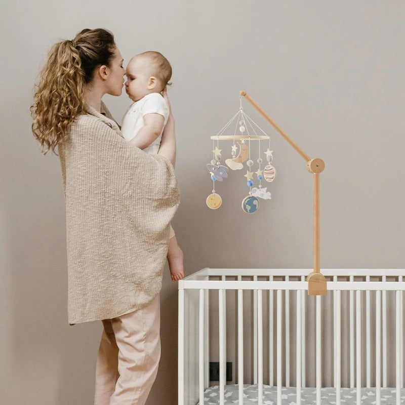 Crib Bell Rotary Music Box with Songs 0 12 Months Baby Bed Hanging Bell Toy Motor Accessory Pendant Toy Nursery Plays Wood Grain