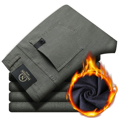 Fleece Pants Men's Winter Thick Slim Elastic Business Casual Velvet Pants Warm Fashion Solid Color Plush Trousers Male
