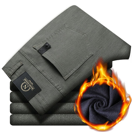 Fleece Pants Men's Winter Thick Slim Elastic Business Casual Velvet Pants Warm Fashion Solid Color Plush Trousers Male