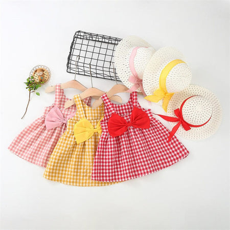 2Pcs/Set Baby Girl Plaid Sweet Bow Summer Birthday Party Dress Toddler Kids Outfits 0 To 3 Years Children Clothes Suit + Hat