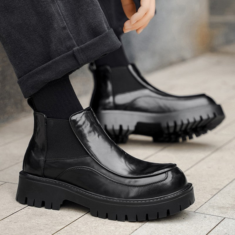New designer black fashionable men's leather shoes for autumn and winter, retro ankle boots, round-toe business Chelsea boots
