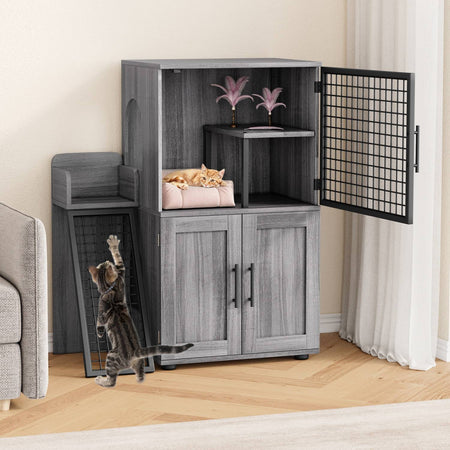Cat Litter Box Enclosure with Platform,Double Layer Cat Litter Hidden Furniture,Cat Washroom Furniture,Cat House with Ladder