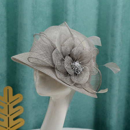Double hemp yarn pattern design feather accessories big brim sun hat elegant banquet hat wedding beach vacation equestrian hat