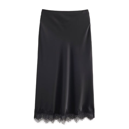 Sexy Satin Half-length Skirt for Women Autumn 2025 Fashionable Trendy Girl Long Skirt A- line Lace Embellished Commute Style