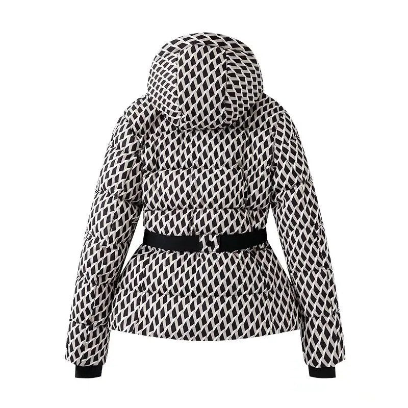 Women's Winter Hooded High Waist Padded Sport Parkas Coats with Belt Female Elegant Thick Warm Pockets Windproof Skiing Jackets
