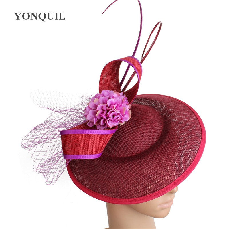 New Design Yellow With Purple Hair Fascinator Hat Headband Bridal Wedding Party Headpiece Mesh Ladies Occasion Hair Accessories