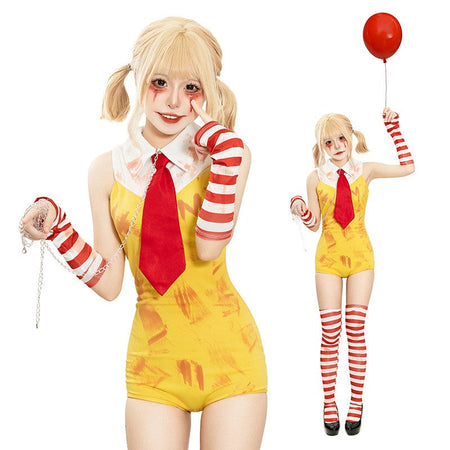 Women Halloween Funny Clown Girl Cosplay Jumpsuit Complete Accessory Set Ladies Party Roleplay Costume Cute Carnival Slim Outfit