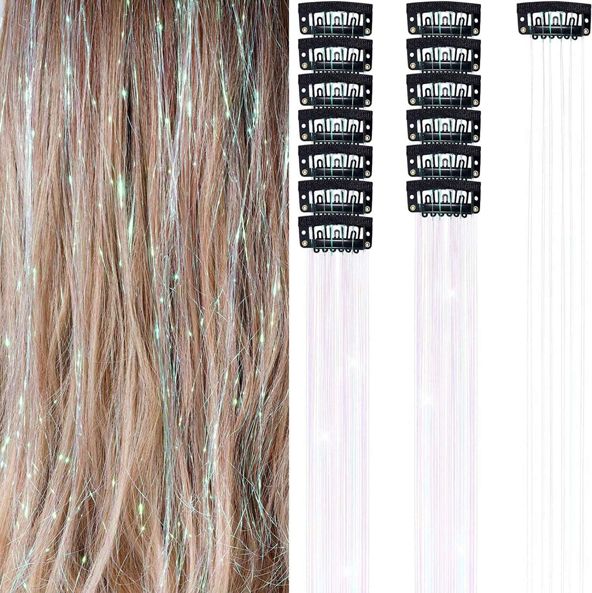 6Pcs 50cm Sparking Shiny Hair Tinsel Hair Extensions Tinsel Synthetic Hair Clip  Extensions Women for Braiding Headdress
