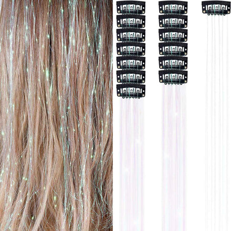 6Pcs 50cm Sparking Shiny Hair Tinsel Hair Extensions Tinsel Synthetic Hair Clip  Extensions Women for Braiding Headdress
