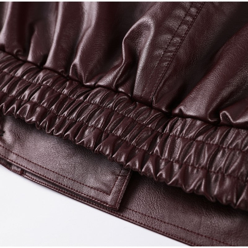 Street Stand Collar Women's Leather Jacket Loose Long Sleeve Zipper Pockets Chic Female Coats 2025 Autumn Winter Lady Outerwear