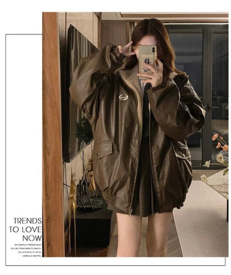 Maillard Fashion PU Leather Jacket With Lambswool Coat Both Sides Female Y2K Winter New Velvet Locomotive Cotton-padded Jacket