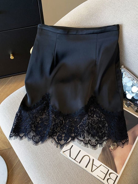 Ladies Fashion Lace Patchwork Satin A-line Skirt Summer High Waist Solid Color Temperament Skirt Women Clothes Simplicity Skirt