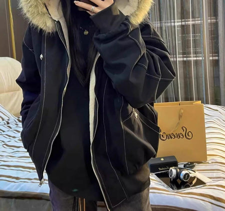 American Street Fur Collar Zipper Hooded Jacket Women Autumn Winter Retro New Velvet Thickened Warm Fashion Loose Casual Jacket