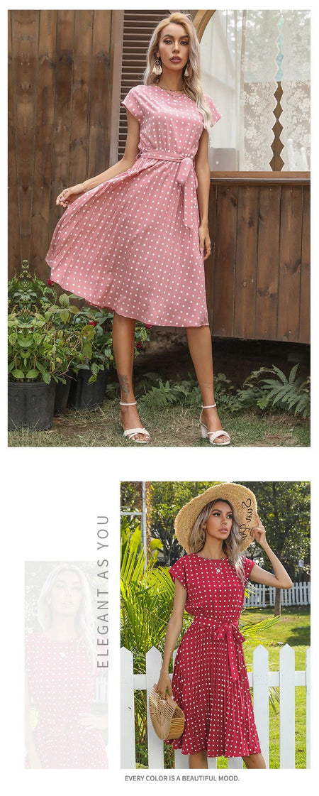 Summer Dresses For Women High Waist Midi Elegant Pleated Polka Dots Office Lady Dinner Party Vacation Dress Female Clothing Robe