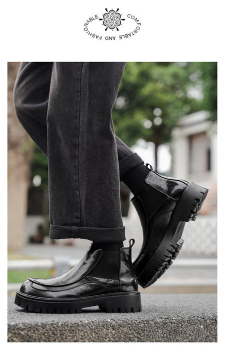New designer black fashionable men's leather shoes for autumn and winter, retro ankle boots, round-toe business Chelsea boots