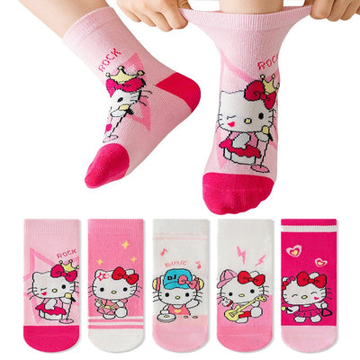 5Pairs Sanrio Cinnamoroll Kuromi Kawaii Spring and Autumn Cartoon Middle Tube Socks For Girls Boy Children Mid-calf Cotton Socks