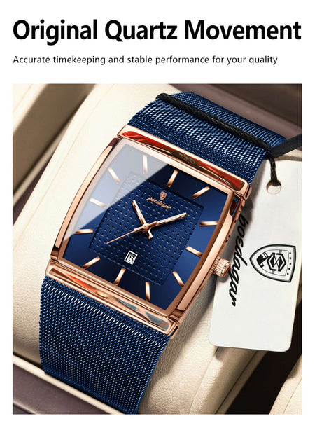 POEDAGAR Top Luxury Men Watch Stainless Steel Mesh Date Waterproof Luminous Man Wristwatch Casual Rectangle Quartz Men's Watches