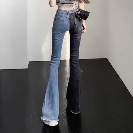 Women Contrast Patchwork Flared Jeans Ladies Stretch High Waist Skinny Boot-Cut Trousers Mujer Fashion Denim Pants Size S-2XL