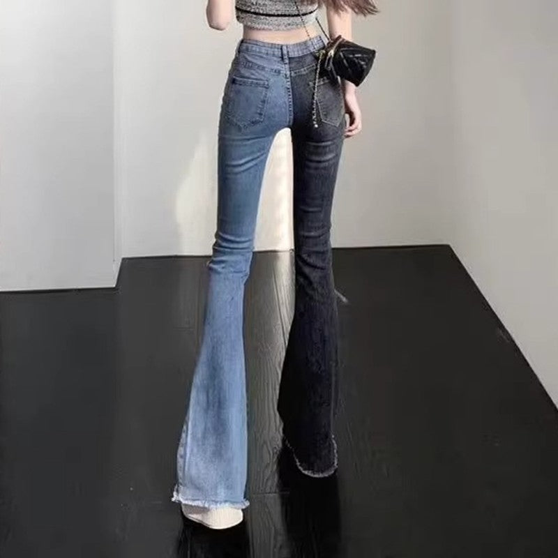 Women Contrast Patchwork Flared Jeans Ladies Stretch High Waist Skinny Boot-Cut Trousers Mujer Fashion Denim Pants Size S-2XL
