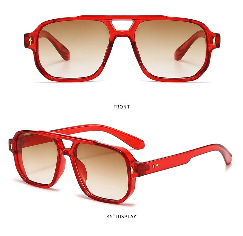 SO&EI Vintage Double Bridges Men Square Sunglasses Fashion Clear Ocean Lens Eyewear Women Trending Rivets Sun Glasses UV400