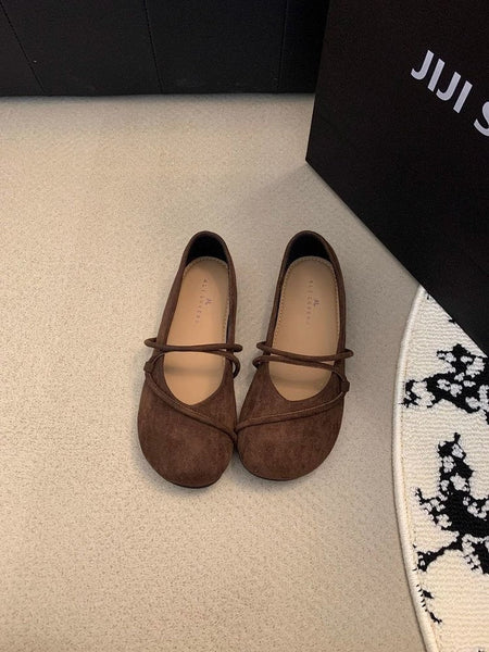Women's Elegant Brown Mary Jane Flats French-Style Suede Loafers Spring/Autumn Collection Flat Shoes for Casual Wear