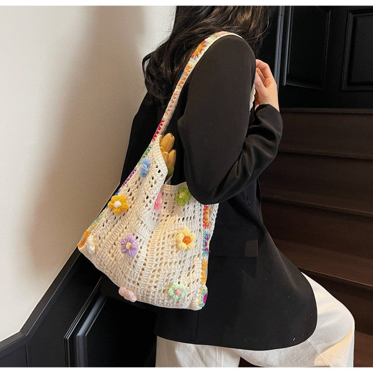 Women's Boho Crochet Bag Designer Flowers Knitted Handbags Large Capacity Summer Beach Woven Shoulder Bag Girls Tote Shopper Bag