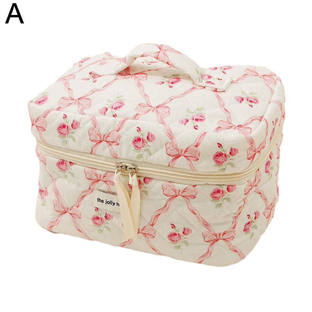 Cute Bow Flower Cloth Handbag Quilting Cotton Makeup Bag Women Zipper Cosmetic Organizer Portable Toiletry Case for Girls