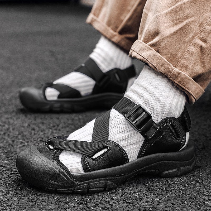 Sandals for Men's Summer New Cowhide Casual Beach Shoes, Genuine Leather for Men's Anti Slip Middle-aged Sandals and Slippers