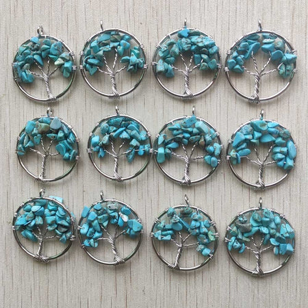 Natural Amethysts Roses Quartz Stone Handmade Wire Wrapped Tree of Life Pendants 30mm for Jewelry Marking Wholesale 12pcs/lot