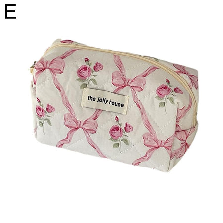 Cute Bow Flower Cloth Handbag Quilting Cotton Makeup Bag Women Zipper Cosmetic Organizer Portable Toiletry Case for Girls