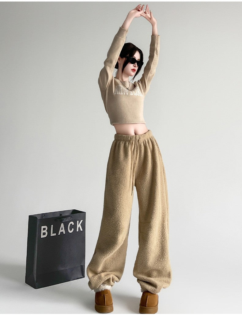 2025 New Winter Velvet Thick Pants Men Warm Straight Casual Pants Streetwear Loose Wide Leg Pants Thicken Lamb Wool Trousers