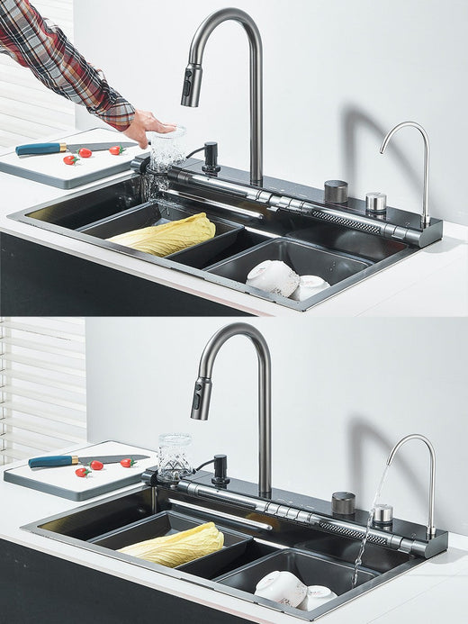 304 Stainless Steel Kitchen Sink Double Waterfall Single Slot Integrated Digital Display Faucet Set Soap dispenser Cup Washer