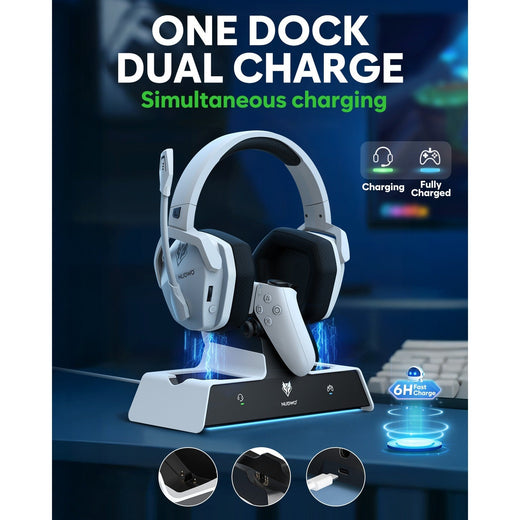 NUBWO G06 Wireless Headsets Gamer with Charging Station for Headset and PS5 Controller Gaming Headphones Long Battery Life