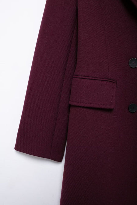 HH Women Fashion Burgundy Woolen Coat Double Breasted Long Sleeve Lapel Blends Jacket Autumn Winter High Street Outerwear