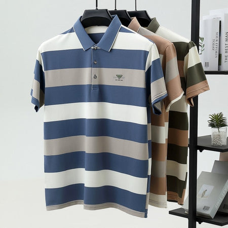 100% pure cotton fashion short sleeve polo shirt men's luxury brand embossed wide stripe color blocked summer casual lapel top