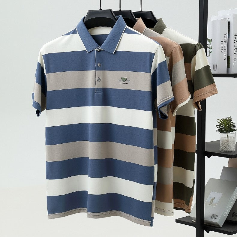 100% pure cotton fashion short sleeve polo shirt men's luxury brand embossed wide stripe color blocked summer casual lapel top