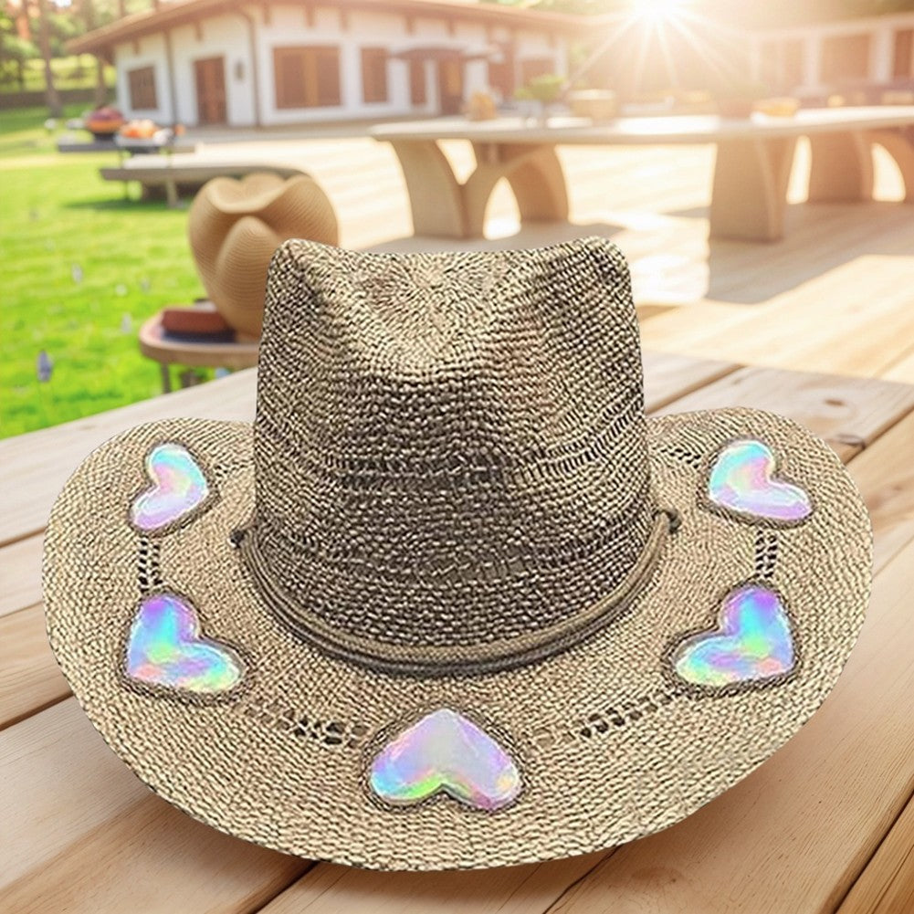 Suncatcher Cowgirl Straw Prism Hat Cowboy Hat Handmade Weave Women Straw Cap Wide Brim Women's Fashion Sun Hat for Summer Beach