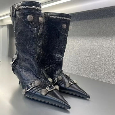 Women's Sexy Stiletto High Heels with Rivet Decoration, Wide Barrel Knee Length Boots, European and American Fashion Show Boots