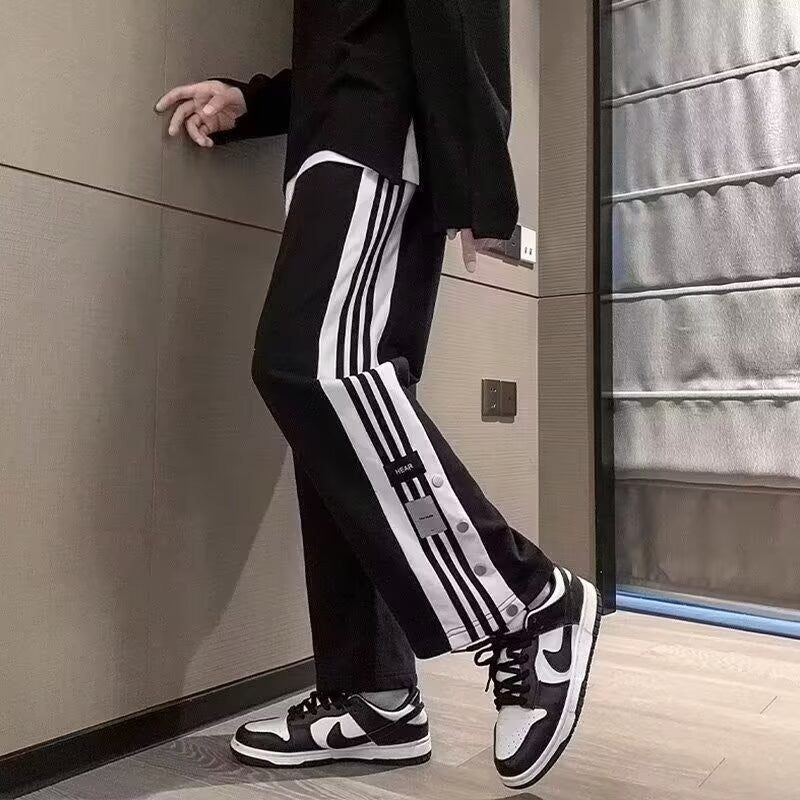 Button down casual pants for men in summer, Korean style trendy stripes, color blocked high street straight leg pants, Hong Kong