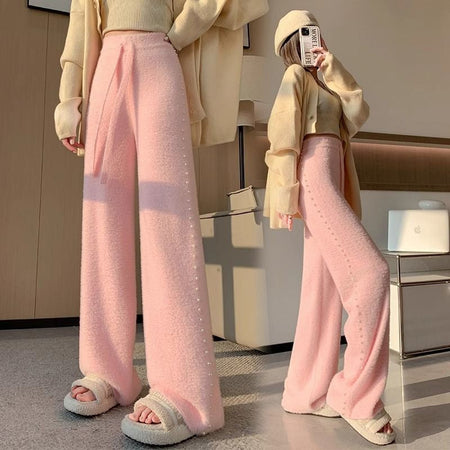 Pink Mink Fur Nail Bead Knitted Wide Leg Pants for Women in Autumn and Winter Lazy and Relaxed Casual Straight Leg Long Pants