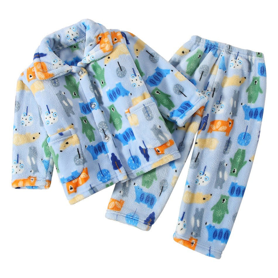 High Quality Coral Fleece Flannel Cute Cartoon Pattern Pajama Sets Boys and Girls Long Sleeve Warm Comfortable Winter Sleepwear