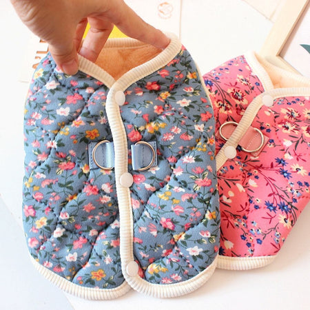 S-2XL Autumn Winter Pet Dog Fleece Vest Pink/Blue Warm Floral Print Vest Cat Clothes For Small Medium Dogs Cats