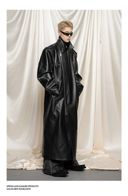 Mauroicardi Spring Autumn Oversized Cool Extra Long Black Pu Leather Trench Coat Men Zipper Loose Luxury European Fashion 2023