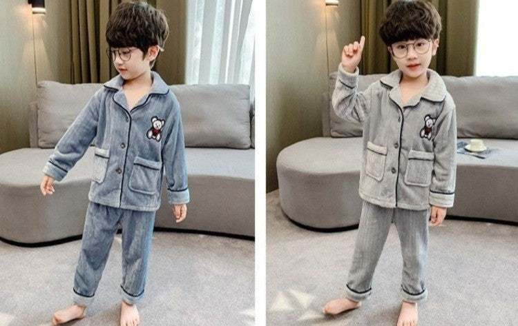 Boys Autumn Winter Thickened Flannel Coral Fleece Pajama Set Warm Kids Sleepwear Homewear