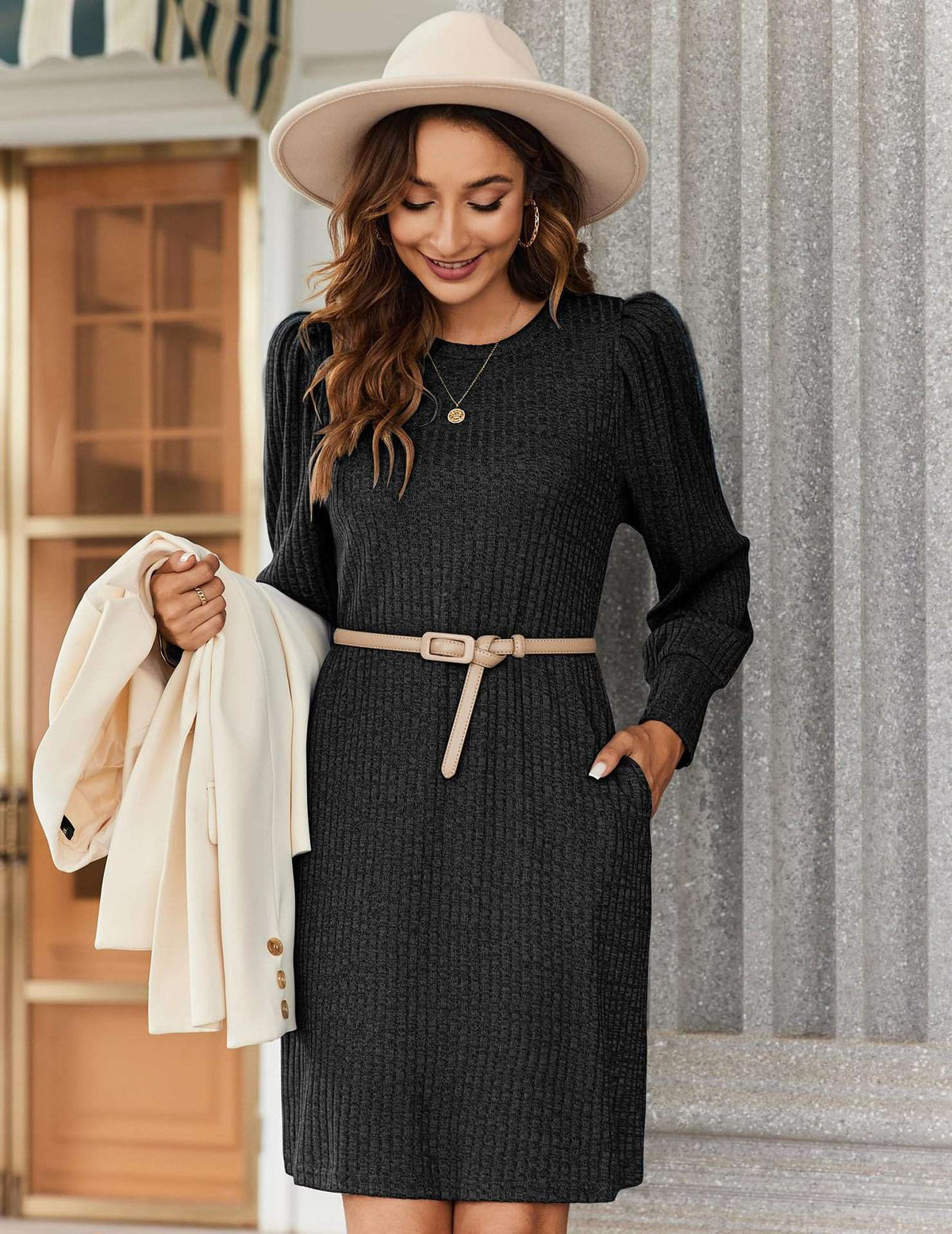 Y2K autumn and winter women's crew neck solid color sweater bubble sleeve fashion commuter dress comfortable casual loose dress