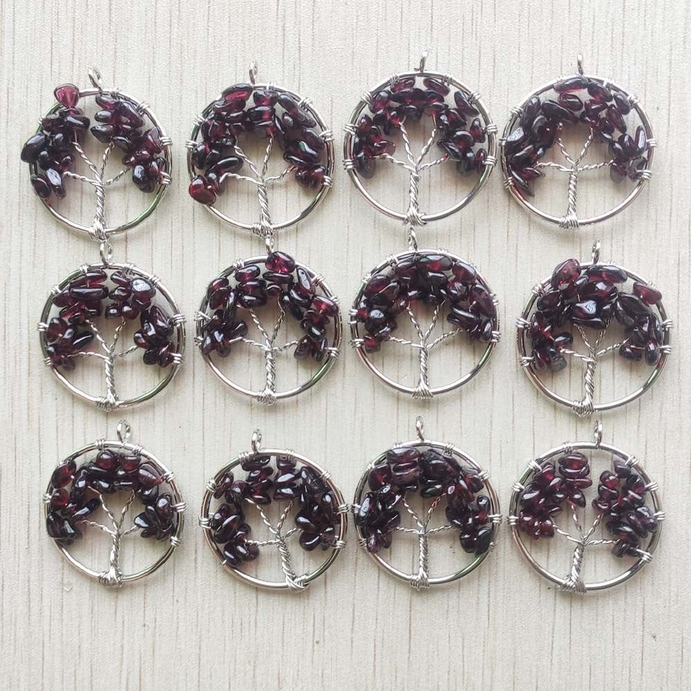 Natural Amethysts Roses Quartz Stone Handmade Wire Wrapped Tree of Life Pendants 30mm for Jewelry Marking Wholesale 12pcs/lot
