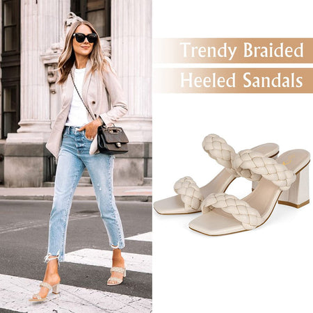 Elegant Women's Braided Heels Sandalias Fashion Strappy Square Sandals Open Toe Backless Mules Slip On Block Heeled Shoes
