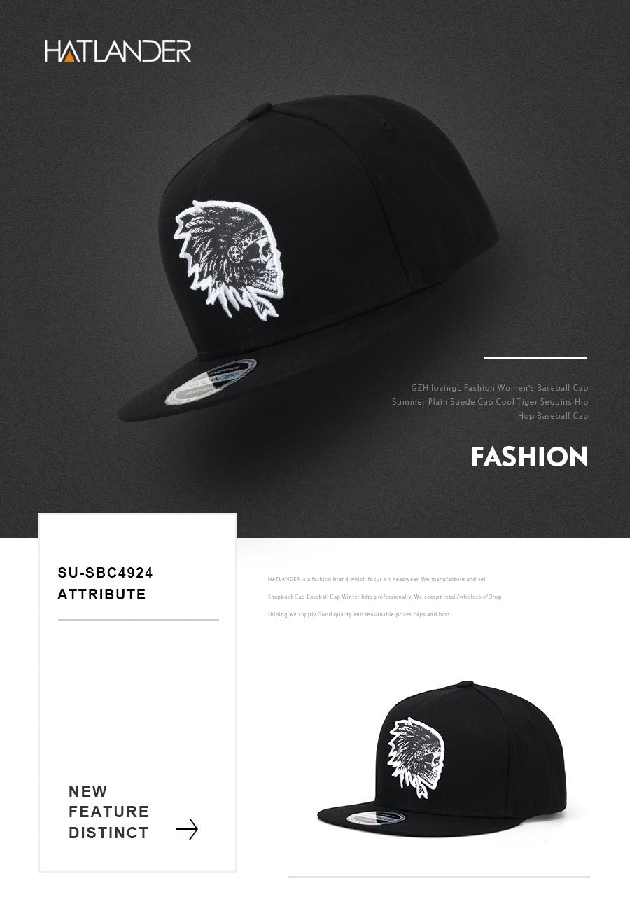 [HATLANDER]Embroidery Skull baseball caps hats hip hop snapbacks flat brim bones gorra sports snapback caps for men women unisex