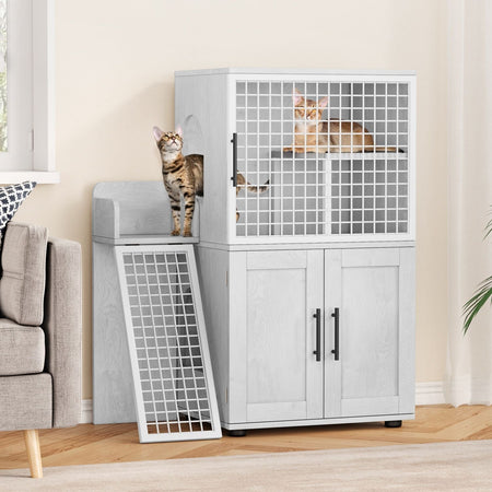 Cat Litter Box Enclosure with Platform,Double Layer Cat Litter Hidden Furniture,Cat Washroom Furniture,Cat House with Ladder