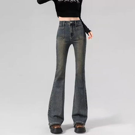 Spring Woman High Waist Vintage Flare Jeans Girls Korean Y2k 2000s Bell Bottom Pants Female Streetwear Gray Blue Denim Trousers